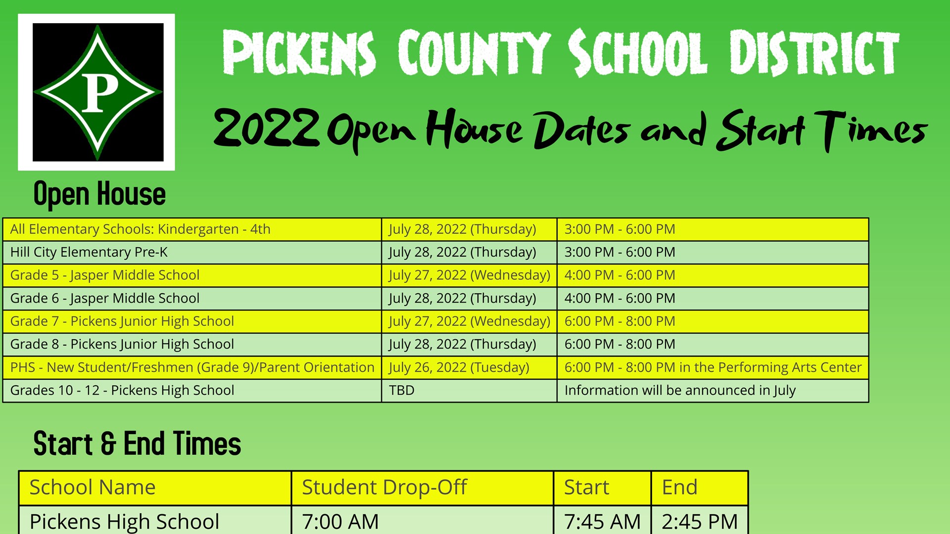 Open House Dates & Times
